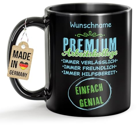 Tassendruck Schwarze Tasse mit Name selbst gestalten - Premium Arbeitskollege - Einfach Genial - Personalisiertes Geschenk für Kollege zum Geburtstag, Abschiedsgeschenk - Keramiktasse, 300 ml