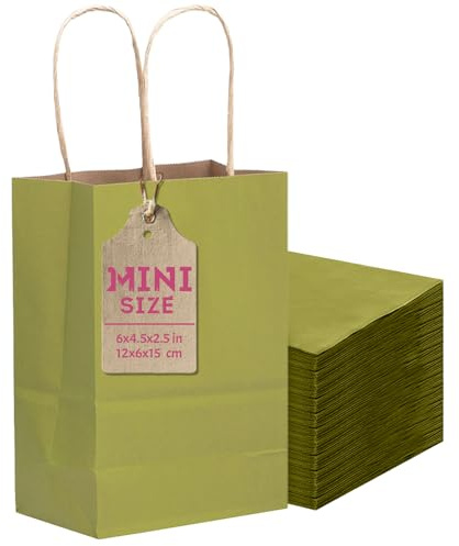 Gcardist 24 Stück Waldgrün Mini-Geschenk-Taschen mit Griffen 6x4.5x2.5 Kleines Papier Kraft Party behandeln Taschen (12x6x15cm，Mini Größe)