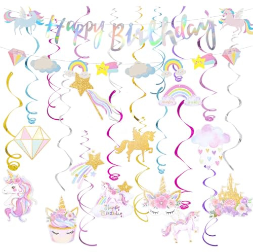 GGUFAY Einhorn Deko Kindergeburtstag Mädchen Set, Happy Birthday Girlande, Einhorn Hängende Wirbel Kindergeburtstag Deko, Kinder Geburtstag Deko, Einhorn Themen Party Deko