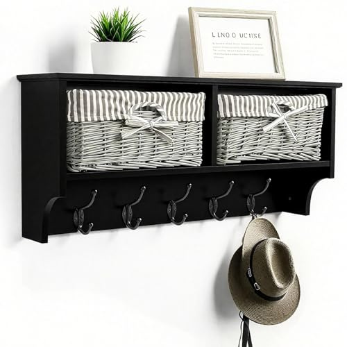 Taylor & Brown Wall Mounted Coat Rack – Black Shelf with 2 Grey Wicker Baskets & 5 Double Hooks – Hallway Storage & Entryway Organiser for Coats, Bags & Scarves