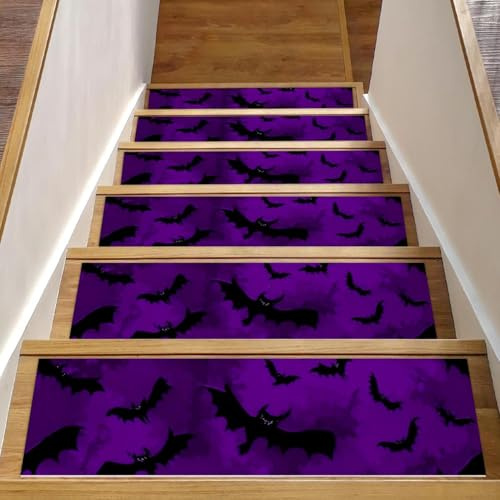 Tappetini per scale in legno a forma di pipistrelli di Halloween, confezione da 15 pezzi, 76,2 x 20,3 cm, antiscivolo, per interni, per cani, bambini, anziani, con adesivo riutilizzabile