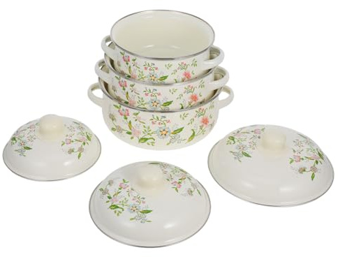 VALICLUD Enamel Double Handle Stew Pot Set 3pcs 16-18-20cm Floral Mini Simmer Stock Pots Lids Enameled Steel Cookware for Home Kitchen Cooking