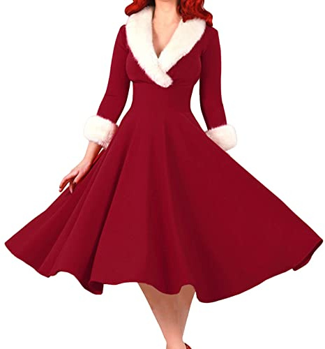 WAZHAKU Vestido para mujer de Navidad, traje de fiesta de Navidad, vestido de mujer de Papá Noel, vestido de manga larga, vestidos de Navidad de terciopelo rojo, A-linea, midi, de terciopelo vintage