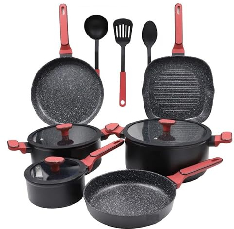 MAXELLPOWER Juego de bateria de cocina 12 Piezas Aluminio Forjado con Inducción, Sartenes, Cacerolas, Parrilla, Tapas de Silicona y Utensilios, Revestimiento Antiadherente, Apto todas las cocinas