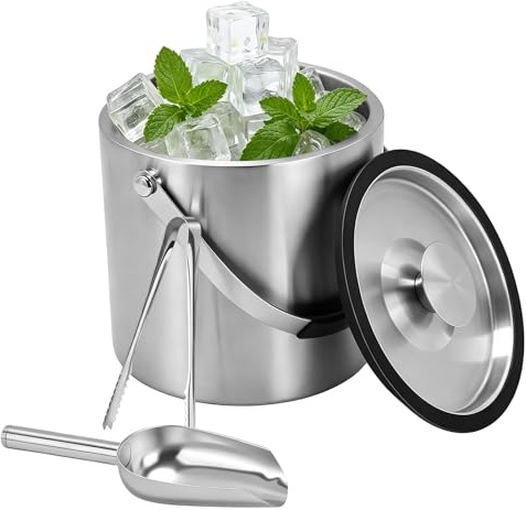 Double Walled Stainless Steel Insulated Ice Bucket, Portable Ice Buckets | 1.6L Ice Buckets with Lid, Tongs, Ices Scoop, Ideal for Parties, Home Bar, BBQ, Restaurant, Clubs & Picnics