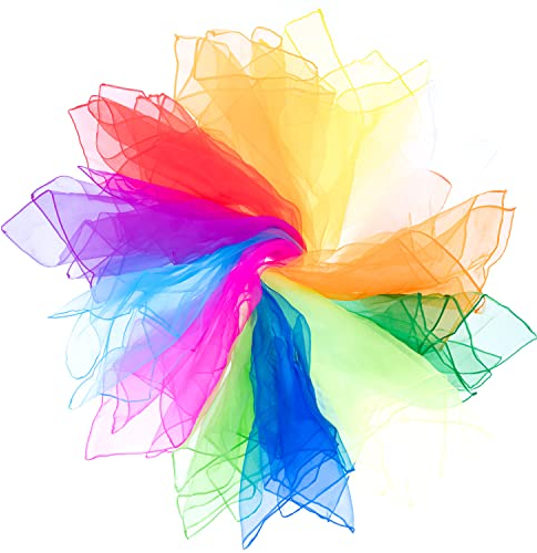 Mister M | Set de pañuelos para Malabares | 12 Telas 60x60cm | Pañuelos de Gasa para Danza, Magia, Actividades sensoriales y Malabares en Cascada | 12 Colores Diferentes | con Video Tutorial Online