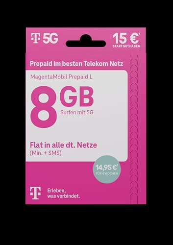 Telekom MagentaMobil Prepaid L I 8GB Datenvolumen I SIM-Karte ohne Vertragsbindung I Allnet Flat (Min, SMS) in alle dt. Netze I EU-Roaming I Surfen mit 5G/ LTE Max & Hotspot Flat
