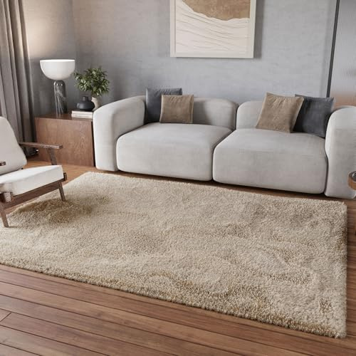 Homie Living Parma gewebter Hochflorteppich, 160 x 225 cm, beige | Hochflor Teppich, sehr flauschig und kuschelig