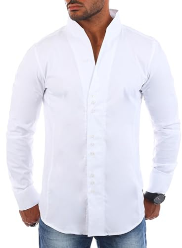 Carisma Herren Uni Langarm Stehkragen Hemd Slimfit tailliert figurbetont Party Club Look Optik Freizeit Casual einfarbig Basic H-902, Grösse:4XL, Farbe:Weiß