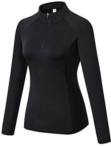 Minghe Womens Pullover 1/4 Zip Running Jacket Thermal Tops Long Sleeve Base Layer with Thumb Holes Thermals Yoga Shirts for Ski Hiking Cycling Black