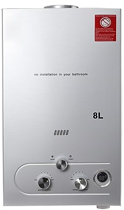 SUDEG 8L Gas Water Heater,16KW Instant Hot Water Heater Boiler Burner with Shower,Stainless Steel Wall-Mounted Instant Bath Silver