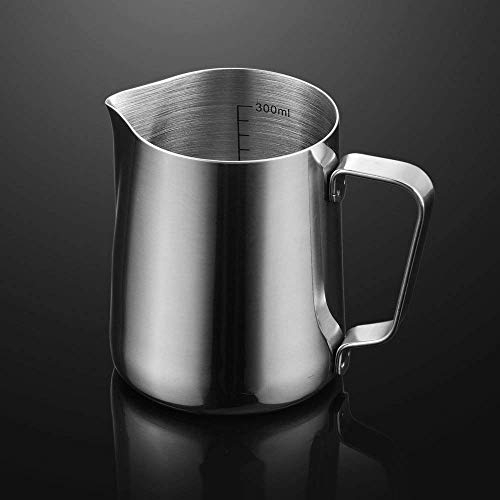Iwinna Stainless Steel Milk Frothing Pitcher - Polished Coffee Milk Frothing Pitcher Jug Cup with Measurement Markings - for Espresso Machine, Coffee Milk Frother and Latte Maker (12 oz)