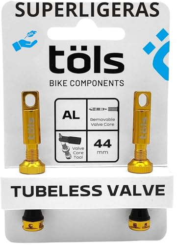 TÖLS Fahrradventil, 44 mm, Tubeless MTB, ohne Kamera, Reparaturset für Tubeless, pannensicher für Fahrrad, Werkzeug für Fahrradreifen, dünne Flicken, goldfarben