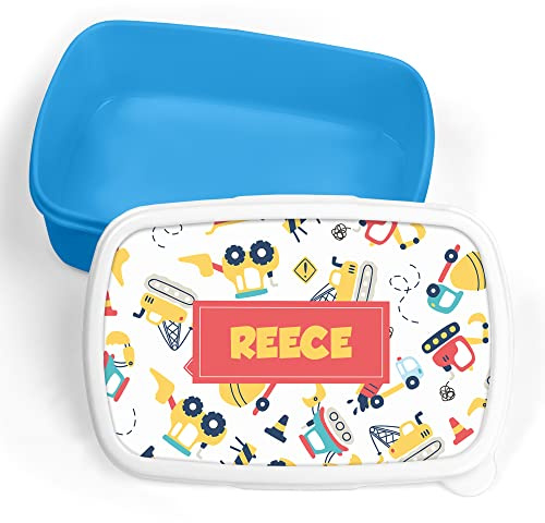Print Maniacs Personalised Lunch Box Construction Truck Digger School Sandwich Kids Picnic Snack Food Bag Children's Travel Girls Boys Toddler Box Tub Pack Box (Blue, Add Name)
