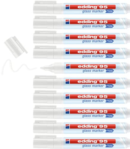 edding 95 Glasmarker - weiß - 10 Stifte - Rundspitze 1,5-3 mm - zum Schreiben und Markieren auf Glasoberflächen wie Fenster, Glasboards, Whiteboards - trocken abwischbar