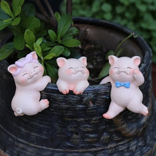 JARPSIRY Set of 3 Garden Pig Statues Terrarium Flower Pot Hanger and Vase Hugger Miniature Pig Figurines Fairy Garden Ornaments Cute Animal Planter Hanging Pendant Decorations