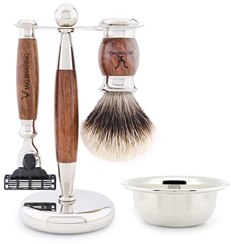 Jag Shaving Rasierset - JAG's LEE Range 5-teiliges Rasierset - Silberspitz Dachshaar Rasierpinsel - 3 Rasierklingen Rasierhobel - Rasierständer aus Edelstahl und Holz - Rasierschale - Holz Set