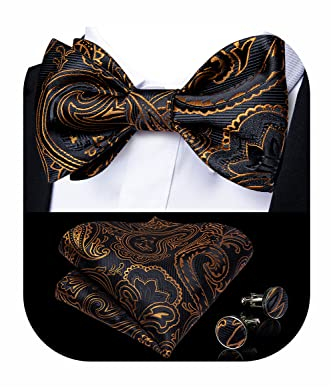 DiBanGu Herren Paisley Floral Seide Fliege Set Selbstgebundene Fliege und Einstecktuch Manschettenknöpfe Set für Hochzeit Party Business, Schwarz-goldenes Paisleymuster, Einheitsgröße