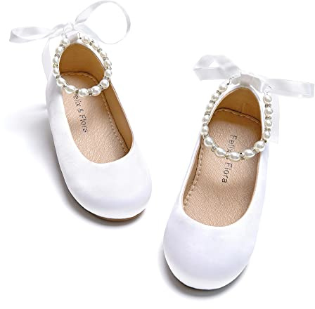 Felix & Flora Girls Toddler Little Ballet Shoes Size 9 - Flower Girls Mary Jane Flats Dress Shoes Party Wedding(White,9 Toddler)