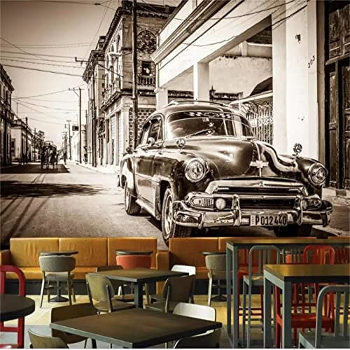 3D-Tapete, benutzerdefinierte Größe Tapete 3D-Fotowandbild Schwarz-Weiß-Straße Retro-Autobild Hotel-Hintergrundwand 8D