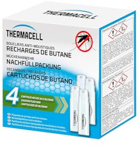 Thermacell Nachfüllpack Butangaskartusche – 4 Stück, je 12 Stunden Laufzeit, Original Ersatzkartuschen für alle Thermacell Mückenabwehr Geräte, Weiß | THBUTANE4 für Schild, Diffusor und Laterne – schnelle Wirkung, geruchlos – Garten, Terrasse, Pool