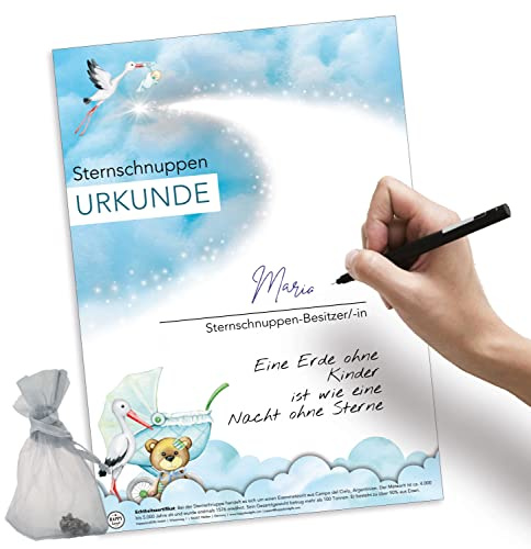 happylandgifts® Echte Sternschnuppe zur GEBURT | Echter Meteorit | Hochwertige Urkunde mit Wunschname zum selber eintragen | Geburtsgeschenk