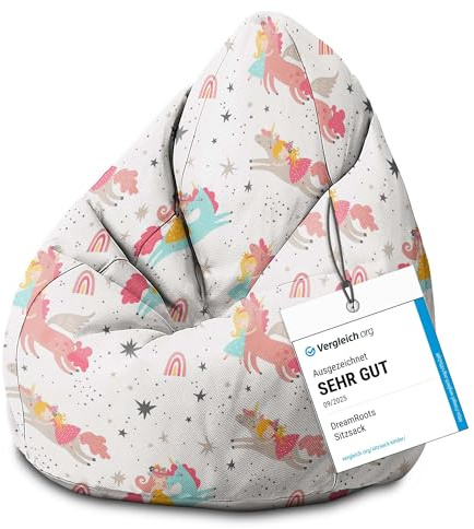 DreamRoots Sitzsack Kinder 70x70x105, Unicorn Princess | Bean Bag Kinder mit Lehne, Hocker & Bezug, Sitzkissen Boden, Bubibag, mit Füllung, Kinderzimmer