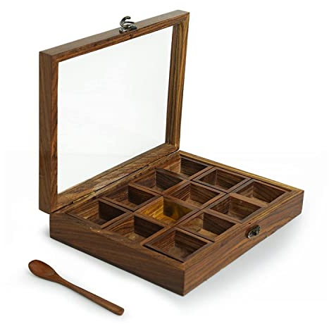 IBLAY Twelve Blends Spice Box with 12 Containers & Spoon in Sheesham Wood - Wooden Spice Box Set for Kitchen Masala Spice Boxes Masala Daani Namak Dani Dabba Multipurpose Decorative Boxes