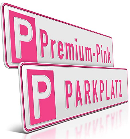 1 Premium Parkplatzschild | Pink auf Weiß | Wunschtext | Aluminium Schild | Bis zu 14 Zeichen | Privat-Parkplatz | Parkplatz-Kennzeichen | Stellplatz Kfz Kennzeichen | Parkverbot | 520 x 110 mm