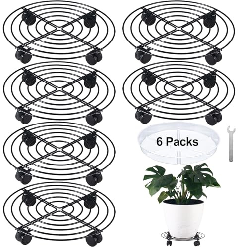 6 Packs 13 Inches Large Metal Plant Caddy with Wheels Rolling Plant Stands Heavy-duty Wrought Iron Plant Roller Base Pot Movers Plant Saucer on Wheels Indoor Outdoor Plant Dolly with Casters Planter Tray