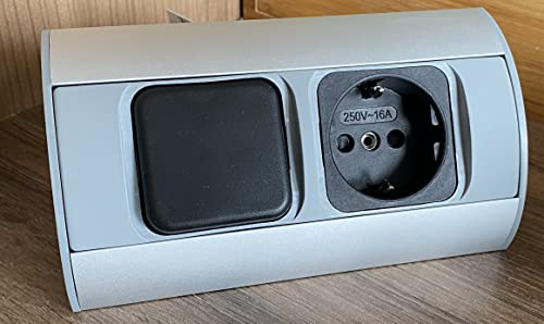 Enchufe de esquina de 1 compartimento Schuko + interruptor para cocina, baño, salón, muebles. Enchufe ideal para encimera de cocina como enchufe de montaje en superficie (1 compartimento Schuko +
