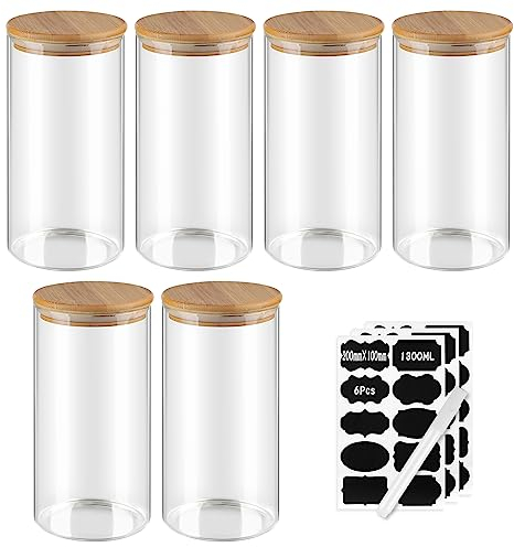 efuturetime 6stk. 1300ml Vorratsgläser Glas Rund, φ10.5 * 20.8cm, Vorratsdosen Glas mit Bambusdeckel Luftdicht, gewürzgläser glas set, glasbehälter mit Etikette für Cerealien, Nuss, Pulver