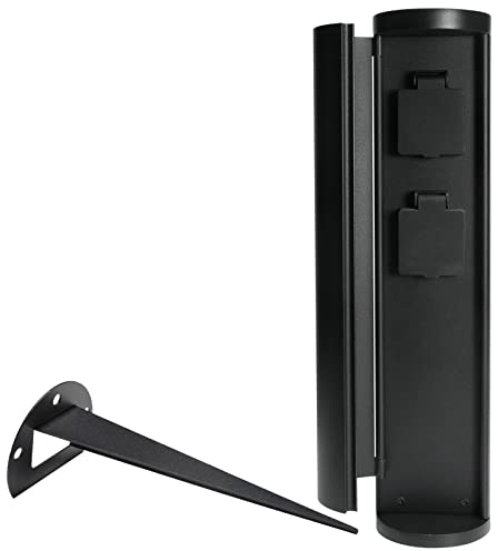 Grafner Edelstahl Gartensteckdose mit Erdspieß und Tür, 2 Steckdosen, 3600 Watt, schwarz, Höhe: 39,5 cm, IP44, KEIN ROST – Pulverbeschichtung, Energiesäule Mehrfach Metall Außen Steckdose 2-Fach