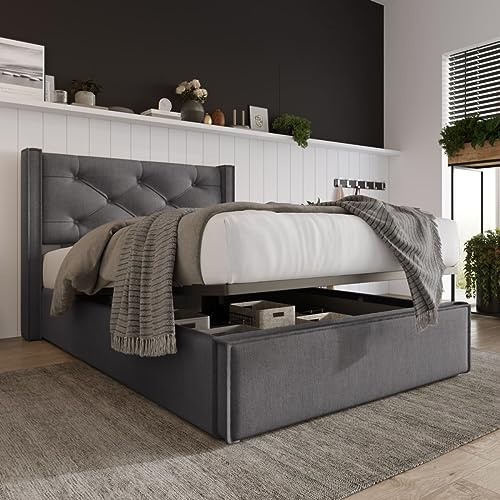 Sweiko Polsterbett 90x200cm,Bettgestell mit Lattenrost aus Metallrahmen,Einzelbett Polsterbett Lattenrost Bett mit Kopfteil, Funktionsbett von Aufbewahrung Stauraumbett,Grau (Ohne Matratze)