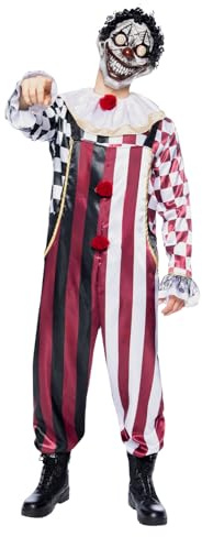 Funidelia Disfraz de payaso terrorífico Premium para hombre, Incluye mono, camisa, gorguera y máscara con pelo, Payaso Asesino - Traje para adultos para fiestas, Carnaval y Halloween - Talla S