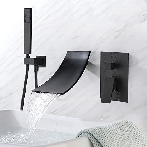 3 Loch Badewannenarmatur Duschset Wasserfall Duscharmatur Badwasserfall Brause Wasserhahn Mischbatterie Bad Armaturen Badewanne WasserhäHne Mit Handbrause Doppel Griff Wand Montiert Messing Schwarz