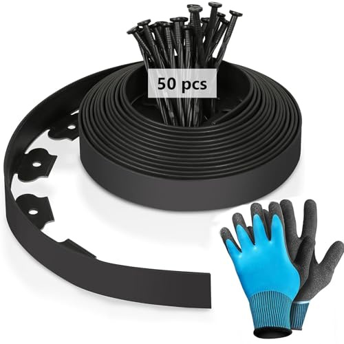 MeYuxg Borde Jardín, Césped Borde Flexible de Plástico, Longitud 10 m, Altura 5 cm, con 50 Anclajes de Suelo y un par de Guantes (Negro:10M)
