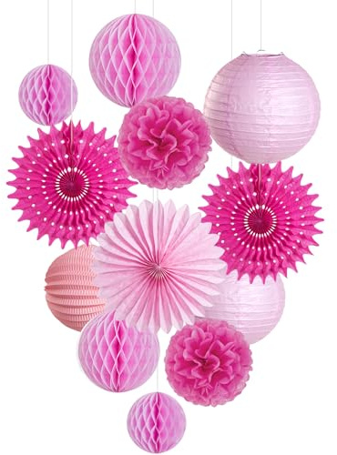 EASY JOY 12 Stück Rosa Dekoration Papier Lampion Seidenpapier Pompom | Wabenbälle Papier Fächer für Geburtstagsdeko Mädchen Babyparty Valentinstag Deko
