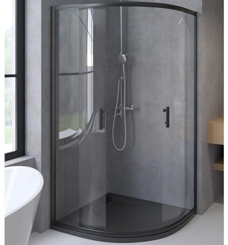 Badland Kit complet – Cabine de douche Hela + receveur de douche Vidar 90 x 90 cm, 193 cm, quart de cercle transparent, Nano verre 6 mm, receveur de douche noir, aspect pierre SMC, avec bonde Ø 90 mm