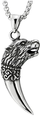 COOLSTEELANDBEYOND Zahn Stoßzahn Horn Wolfskopf Anhänger Herren Edelstahl Halsketten mit 75cm Weizen-Kette