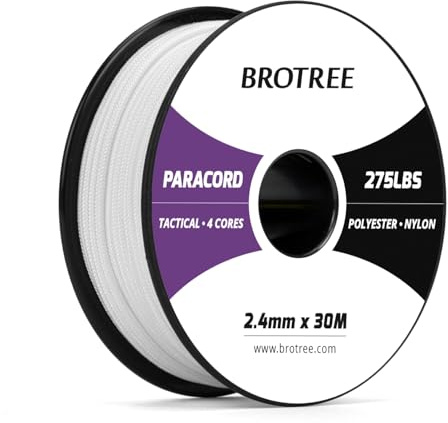 Brotree 2.4mm Paracord 275 Taktisk Sladd 30M Nylonrep 4 Trådar för Utomhus, Hundkoppel, DIY, Hantverk - 125kg Brottlast (Vit)