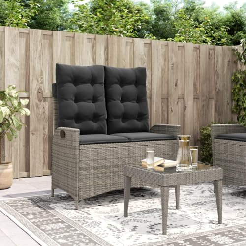 Homgoday Gartenbank Verstellbar mit Kissen Sitzbank mit Liegefunktion Rattanbank Terrassenbank Balkonbank Bank für Balkon Garten Terrasse Poly Rattan Grau und Dunkelgrau 104 x 59 x 93 cm