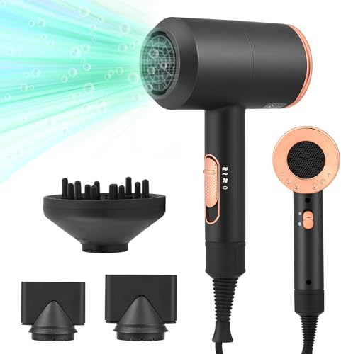 Haartrockner Ionen, 2000 W Professioneller Haartrockner, Schnelltrocknen Hair Dryer, Reisehaartrockner, 2 Geschwindigkeits- und 3 Hitzeeinstellungen, 1 Diffusor & 2 Konzentratoren (Schwarz)
