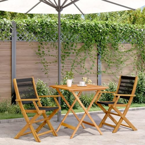 FENLAX 3-TLG. Bistro-Set Schwarz Polypropylen und Massivholz Gartengarnitur Terrassetisch Balkonmöbel Gartenmöbel Set Gartentisch mit Stühlen Klapp Möbel Outdoor Möbel Esszimmergruppe