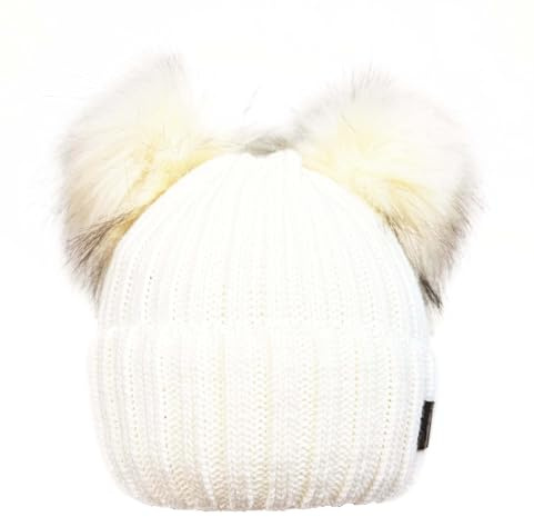 Faera Kunstfell Wintermütze mit Zwei Bommeln Strickmütze Bommelmütze Fleece gefütterte warme Mütze