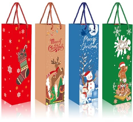 POPOYU 12 Stück Weinbeutel für Weihnachten, Weinbeutel mit Griffen, 4 Motive, Geschenktüten für Wein und Champagner, Hochzeit, Geburtstag, Party