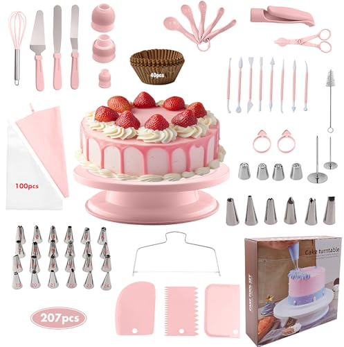 TechVizrs Backzubehör fuir Torten Set 207,Torten Zubehör, Backzubehör, Tortenplatte Drehbar, Cake Decorating Turntable für Anfänger und Profis (Rosa)