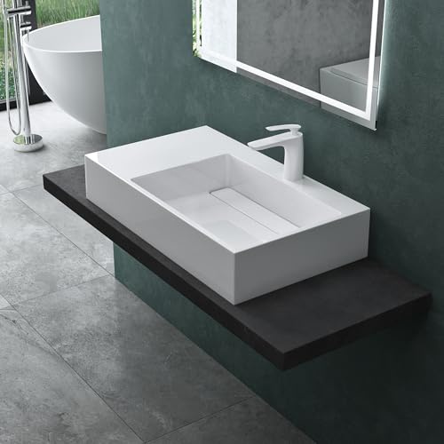 Mai & Mai Lavabo da Appoggio in Marmoresina 75x43x14cm Colossum12-750R | Bianco, Rettangolare, Design Moderno, Lavandino Bagno Sospeso, Stampaggio Monopezzo, Nano-rivestimento, Bordi Sottili