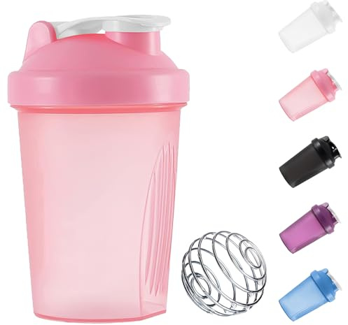 Botella mezcladora de proteínas de 400 ml con bola mezcladora de acero inoxidable, tapa abatible a prueba de fugas, sin BPA y DEHP, sin olor, apta para lavavajillas, apta para temperatura (rosa)