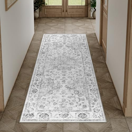 HUGEAR Gris Vintage Alfombras de Pasillo 60x180cm Antideslizante Lavable Lavadora Tapetes Larga Cocina Habitacion Pie de Cama Exterior Terraza Pelo Corto